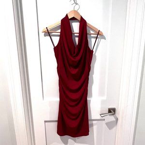 Burgundy, draped, halter Nicole Miller mini-dress